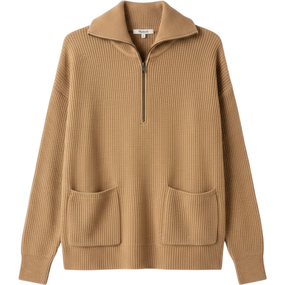 Madewell Merino Wool Blend‎ Quarter Zip Ribbed Sweater Camel Brown Small